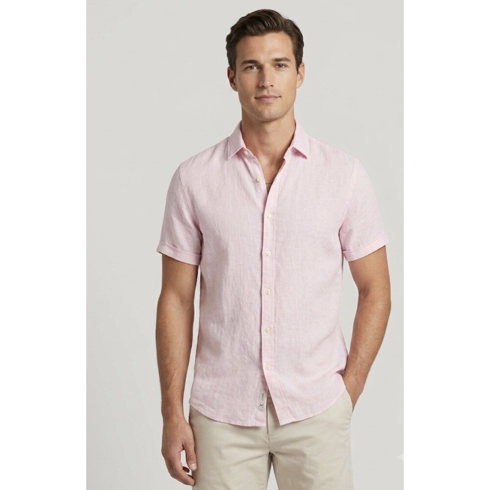 Porter & Ash Shirt Men’s M Pink Oxford Preppy 100%  Linen Short Sleeve Button Up